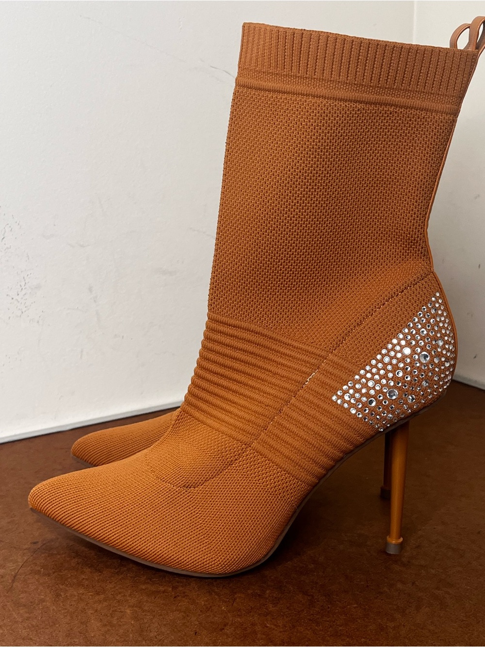 It’S Rhinestone-Embellished Knit Stiletto Sock Boots in Camel NWT